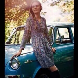 Maeve Anthropologie Smocked V-Neck Floral Tiled Long Sleeve Boho Dress Size XS